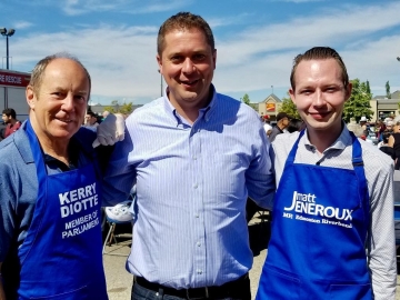 Glad to help serve hundreds of people at my MP colleague Matt Jeneroux’s K-Days BBQ with our leader Andrew Scheer, Michael Cooper and others - July 21, 2018